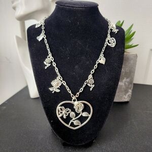 Silver Stainless Steel Charm Necklace Roses and Hearts